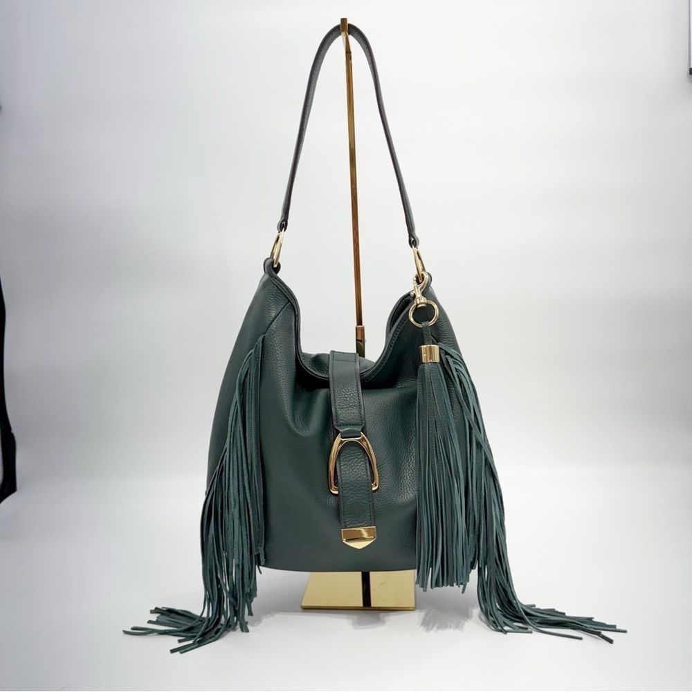 Gilli Genuine Leather Fringe Shoulder Bag – Green Hobo Tote with Tassel Detail - Picture 2 of 16
